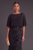Black Sparkly Sequins Beaded Floral Boat Neck Long Formal Dress with Cape