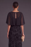Black Sparkly Sequins Beaded Floral Boat Neck Long Formal Dress with Cape