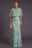 Black Sparkly Sequins Beaded Floral Boat Neck Long Formal Dress with Cape