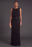 Sparkly Black Floral Sequins Mermaid Beaded Round Neck Long Formal Dress