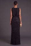 Sparkly Black Floral Sequins Mermaid Beaded Round Neck Long Formal Dress