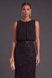 Sparkly Black Floral Sequins Mermaid Beaded Round Neck Long Formal Dress