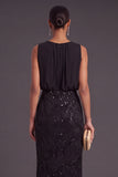 Sparkly Black Floral Sequins Mermaid Beaded Round Neck Long Formal Dress