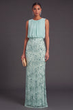 Sparkly Black Floral Sequins Mermaid Beaded Round Neck Long Formal Dress