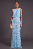 Sparkly Black Floral Sequins Mermaid Beaded Round Neck Long Formal Dress