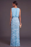 Sparkly Black Floral Sequins Mermaid Beaded Round Neck Long Formal Dress