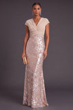 Champagne Sparkly Sequins Mermaid V-Neck Cap Sleeves Long Formal Dress
