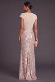 Champagne Sparkly Sequins Mermaid V-Neck Cap Sleeves Long Formal Dress