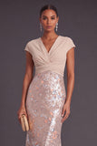 Champagne Sparkly Sequins Mermaid V-Neck Cap Sleeves Long Formal Dress