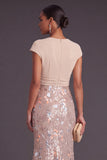 Champagne Sparkly Sequins Mermaid V-Neck Cap Sleeves Long Formal Dress