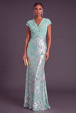 Champagne Sparkly Sequins Mermaid V-Neck Cap Sleeves Long Formal Dress