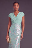Champagne Sparkly Sequins Mermaid V-Neck Cap Sleeves Long Formal Dress