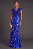 Champagne Sparkly Sequins Mermaid V-Neck Cap Sleeves Long Formal Dress