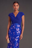 Champagne Sparkly Sequins Mermaid V-Neck Cap Sleeves Long Formal Dress