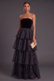 Black Strapless Ruffled Long Tiered A-Line Formal Dress