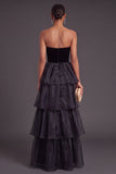 Black Strapless Ruffled Long Tiered A-Line Formal Dress
