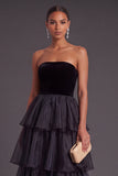 Black Strapless Ruffled Long Tiered A-Line Formal Dress