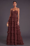Brown Strapless A-Line Tiered Ruffled Long Formal Dress