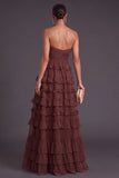 Brown Strapless A-Line Tiered Ruffled Long Formal Dress