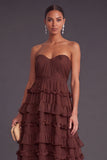 Brown Strapless A-Line Tiered Ruffled Long Formal Dress