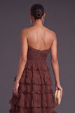 Brown Strapless A-Line Tiered Ruffled Long Formal Dress