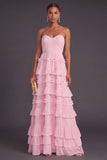 Brown Strapless A-Line Tiered Ruffled Long Formal Dress