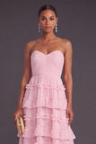 Brown Strapless A-Line Tiered Ruffled Long Formal Dress