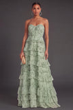 Brown Strapless A-Line Tiered Ruffled Long Formal Dress