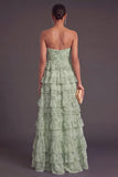 Brown Strapless A-Line Tiered Ruffled Long Formal Dress