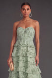 Brown Strapless A-Line Tiered Ruffled Long Formal Dress
