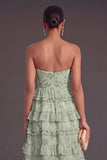 Brown Strapless A-Line Tiered Ruffled Long Formal Dress