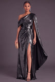 Gold Metallic One Shlouder Mermaid Ruched Long Formal Dress with Slit
