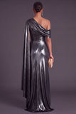 Gold Metallic One Shlouder Mermaid Ruched Long Formal Dress with Slit