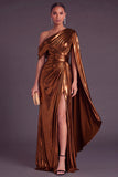 Gold Metallic One Shlouder Mermaid Ruched Long Formal Dress with Slit