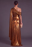 Gold Metallic One Shlouder Mermaid Ruched Long Formal Dress with Slit