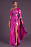 Gold Metallic One Shlouder Mermaid Ruched Long Formal Dress with Slit