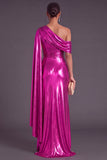 Gold Metallic One Shlouder Mermaid Ruched Long Formal Dress with Slit