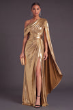 Gold Metallic One Shlouder Mermaid Ruched Long Formal Dress with Slit