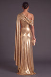 Gold Metallic One Shlouder Mermaid Ruched Long Formal Dress with Slit