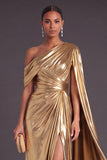Gold Metallic One Shlouder Mermaid Ruched Long Formal Dress with Slit