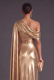 Gold Metallic One Shlouder Mermaid Ruched Long Formal Dress with Slit