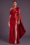Gold Metallic One Shlouder Mermaid Ruched Long Formal Dress with Slit