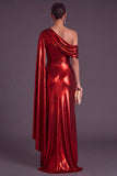Gold Metallic One Shlouder Mermaid Ruched Long Formal Dress with Slit