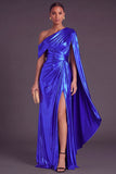 Gold Metallic One Shlouder Mermaid Ruched Long Formal Dress with Slit