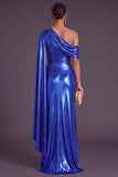 Gold Metallic One Shlouder Mermaid Ruched Long Formal Dress with Slit