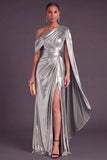 Gold Metallic One Shlouder Mermaid Ruched Long Formal Dress with Slit