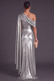 Gold Metallic One Shlouder Mermaid Ruched Long Formal Dress with Slit