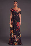 Floral Black One Shoulder Ruched A-Line Long Formal Dress with Cape
