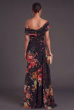 Floral Black One Shoulder Ruched A-Line Long Formal Dress with Cape