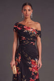 Floral Black One Shoulder Ruched A-Line Long Formal Dress with Cape